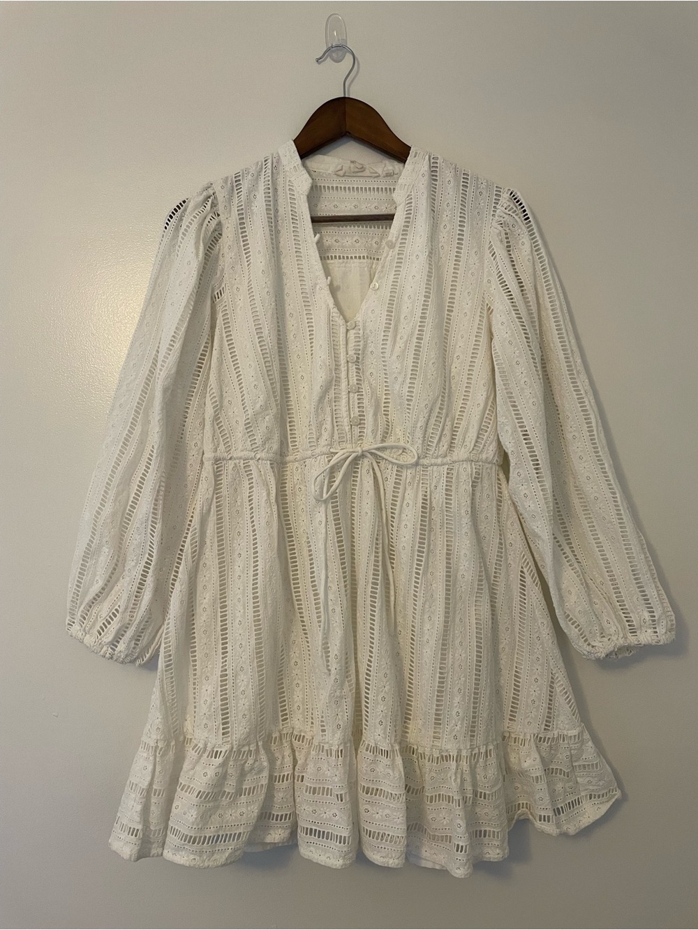 Forever That Girl White Eyelet Floral Long Sleeve Ruffle Hem Mini Dress